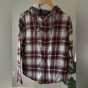 Men's S Hooded Flannel Shirt Red Gray White Plaid 100% Cotton Shacket